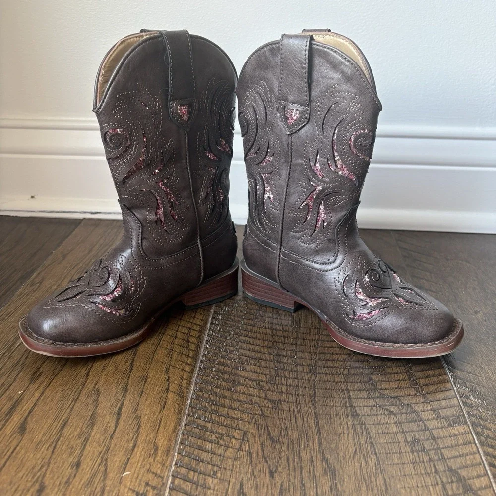 Roper Toddler Brown & Pink Glitter Inlay  Western Square Toe Boots Size 9